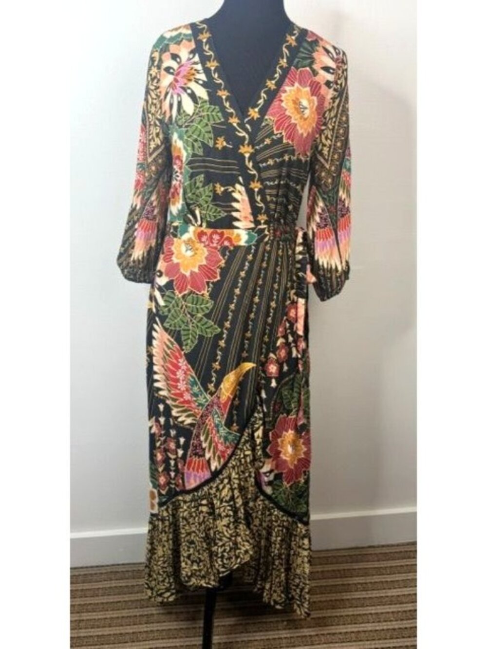 Farm Rio for Anthropologie Amorina Floral Tropical 3/4 Sleeve Maxi Wrap Dress Si - Picture 2 of 7